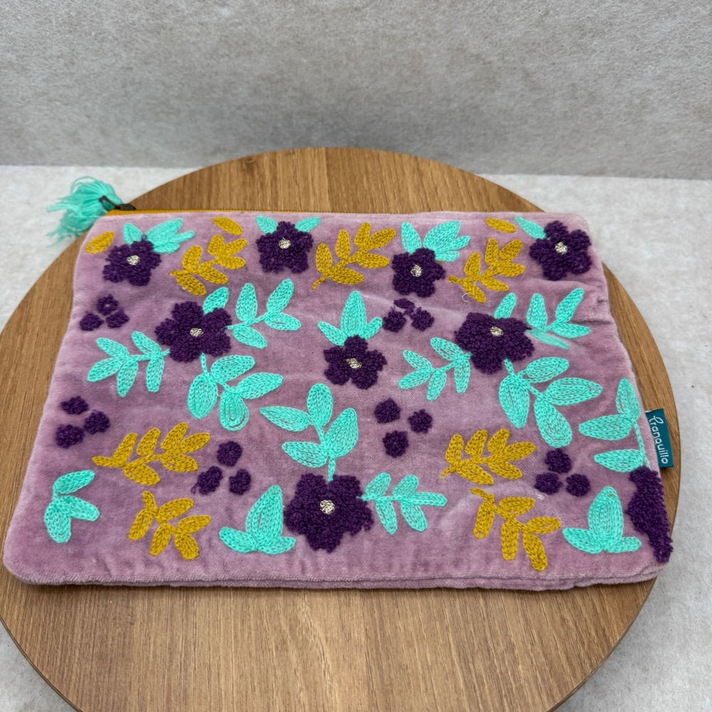 Tranquillo Velvet Floral Embroidered Pouch Purple Boho‎ Makeup Bag Cosmetic Case